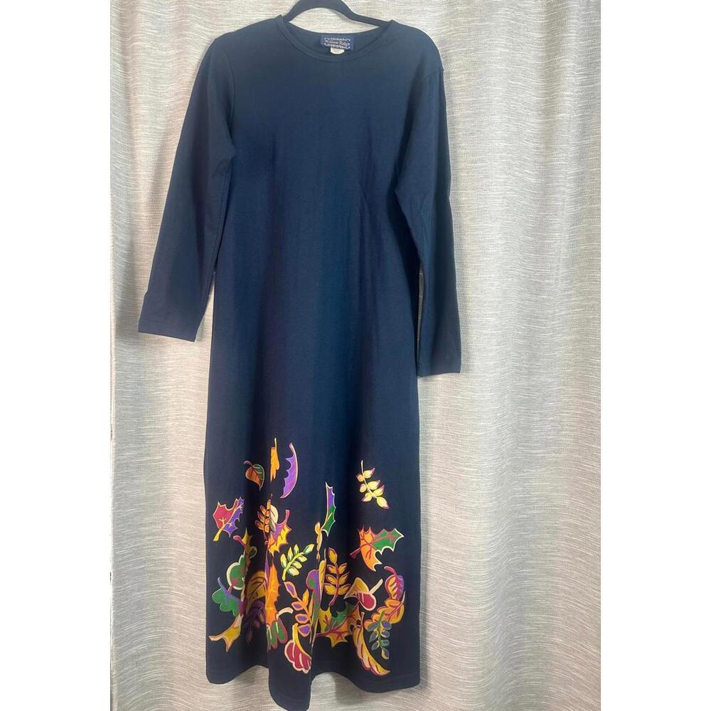 Willow Ridge Vintage  Navy Blue Long Sleeve Maxi Dress with Fall leaf detail M